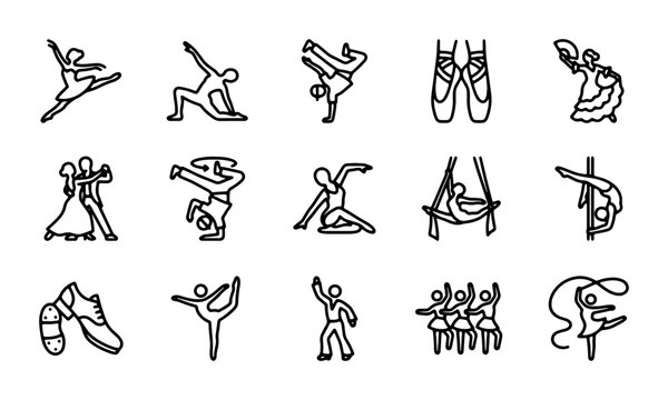 Dance Icons Set: Ballet, Breakdance, Ballroom, Contemporary, Gymnastics, Pole Dance, Rhythmic Gymnastics