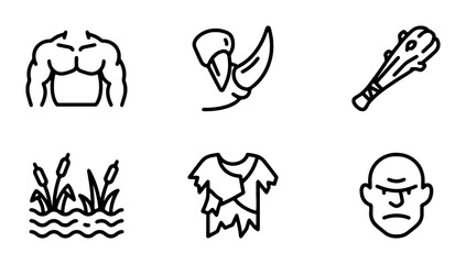 Prehistoric Icons Set: Caveman, Rhino, Club, Muscle Man, Swamp, Cyclops © Sajid