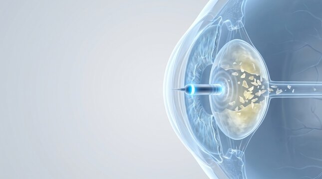 Microscopic view of a medical instrument fragmenting a clouded lens within a human eye's interior