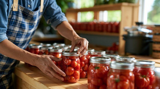Food preservation specialist packing heirloom tomatoes into sealed mason jars at farmhouse kitchen counter with pressure canner steaming and handwritten labels stacked beside rows of previous batche