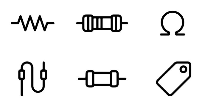 Electronic Resistor Icons, Ohm Symbol, Wire Connection, Vector Set for Circuit Design