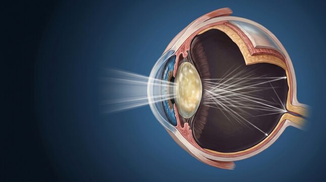 Anatomical cross section of the human eye showing light rays passing through the lens