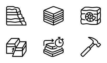 Geology Icons Set: Rock Layers, Fossils, Stratigraphy, Hammer, Time, Geology Science © Mahfuz