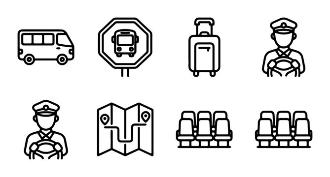 Bus Travel Icons: Driver, Seats, Luggage, Map, Signage, Vector Set