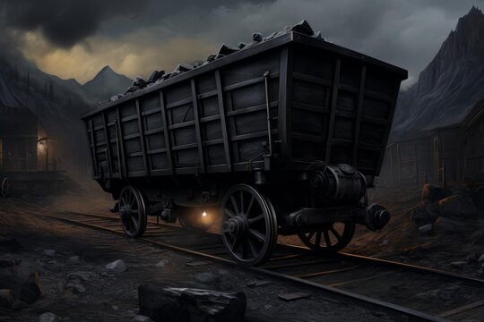 Old mining cart transporting coal on rails in a mining town at dusk, creating a dramatic and nostalgic atmosphere