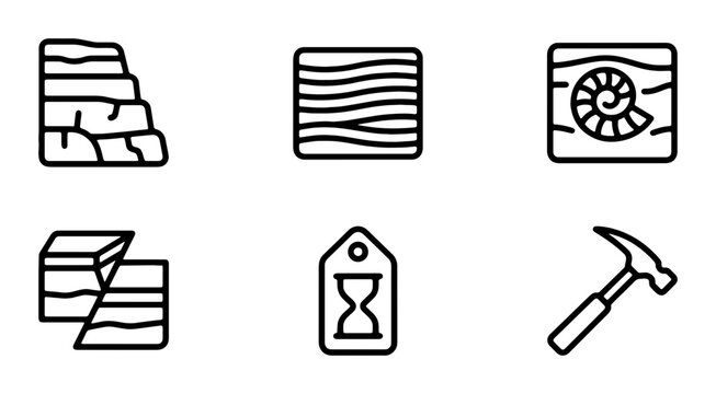 Geology Icons Set: Rock Layers, Wood Grain, Fossil, Hammer, Stratigraphy, Time