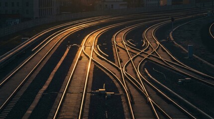 Fototapeta premium Aerial View of Complex High-Speed Rail Tracks Network at Dusk