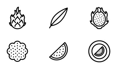 Fototapeta premium Dragon Fruit Icons, Tropical Fruit Vector Graphics, Exotic Food Symbols, Healthy Eating Line Art
