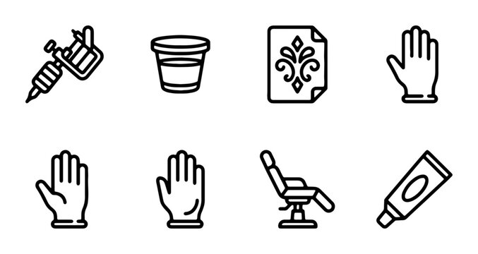 Tattoo Studio Icons: Machine, Ink Cup, Stencil, Gloves, Chair, Cream Set