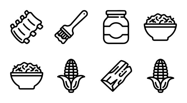 BBQ Ribs, Corn on Cob, and Coleslaw Icons: Food Preparation and Ingredients Vector Set