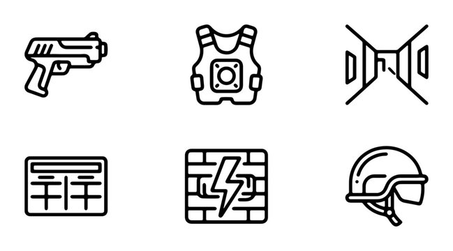 Laser Tag Game Icons, Safety Vest, Helmet, Gun, Arena, Equipment Set Vector