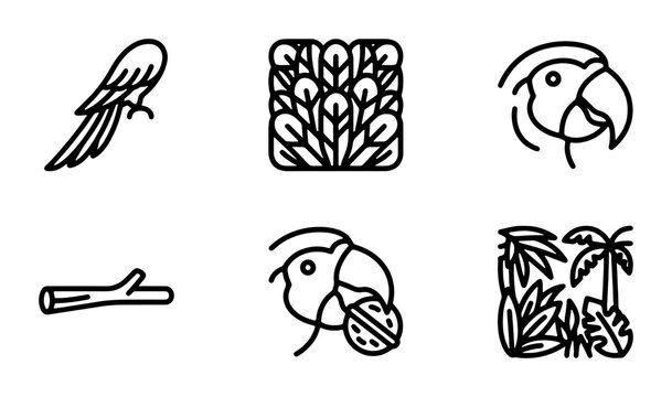 Parrot Icons Set, Tropical Bird Graphics, Jungle Elements, Vector Art Collection