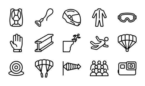 Skydiving Equipment Icons, Parachute, Jumpsuit, Helmet, Goggles, Action Camera, Vector Set