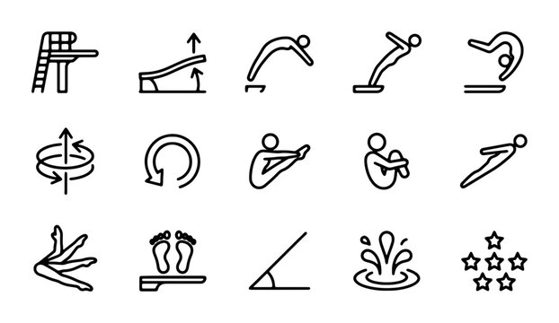 Diving Icons Set, Aquatic Sport Actions, Olympic Swimming Pool Figures, Vector Graphics
