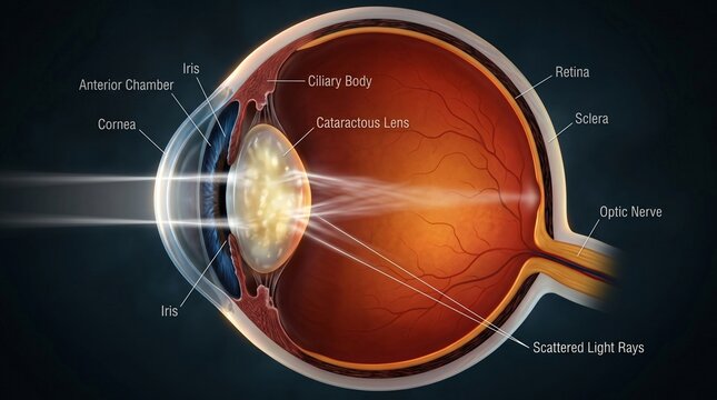 Anatomical cross section of a human eye showing a cataractous lens and scattered light rays