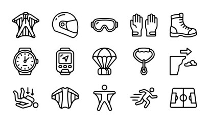 Extreme Sports Icons Set: Wingsuit, Parachute, Helmet, Goggles, Boots, Gloves, Watch, GPS © Mijanur