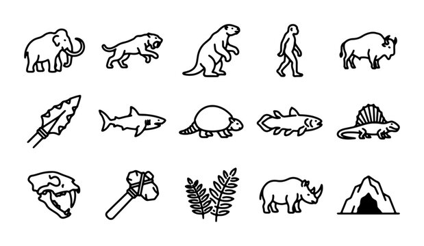 Prehistoric Icons Set: Mammoths, Dinosaurs, Cavemen, Ancient Tools, Evolution