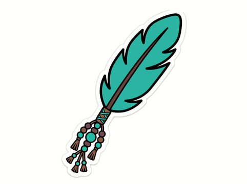 A colorful illustration of a teal feather adorned with beads on a white background in a graphic style.