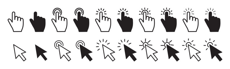 Fototapeta premium Computer mouse cursor icon set line and filled pattern, hand pointer, arrow clicks, loading animations for UI, UX and web apps