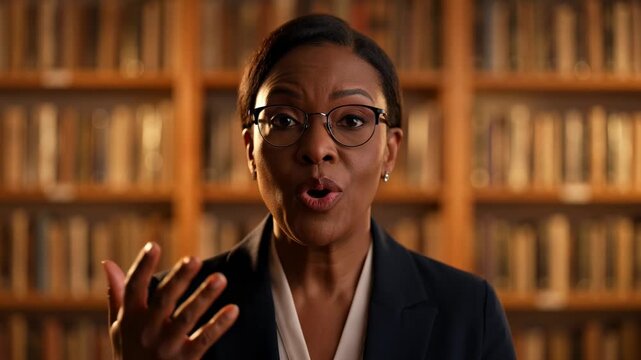 Professional woman speaking in library with book shelves background
