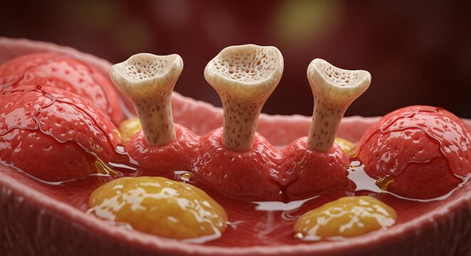 Close up view of microscopic biological structures bone trabeculae and adipose tissue within a tissue