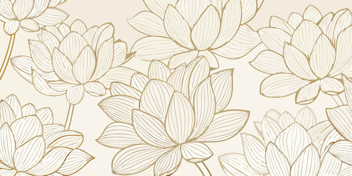 golden line art lotus flowers seamless pattern on a beige background