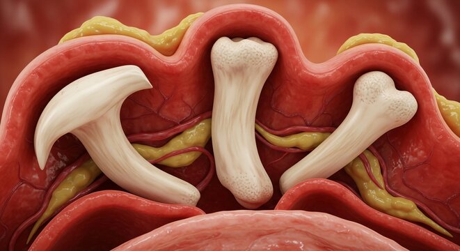 3D rendered cross section of human bones and surrounding tissue showing calcium deposits