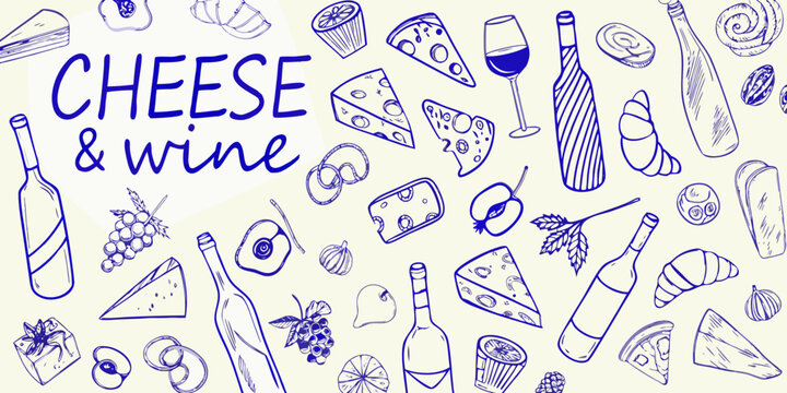 hand drawn blue sketch pattern of wine bottles cheese and grapes on a light background