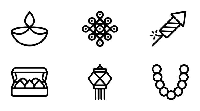 Diwali Icons Set: Festive Indian Holiday Symbols, Lamps, Sweets, Fireworks, Kolam, Garland