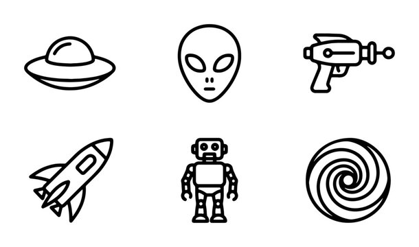 Retro Sci-Fi Icons: UFO, Alien, Ray Gun, Rocket, Robot, Vortex Set