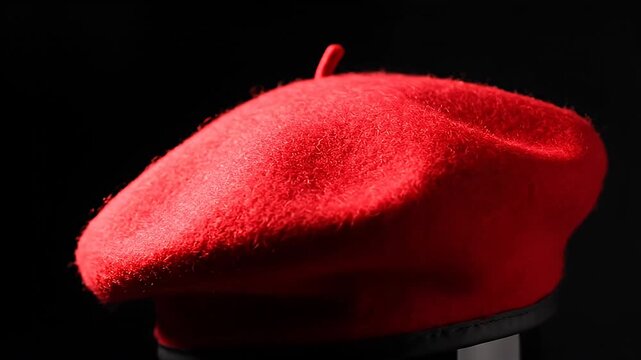 Vibrant red beret against black background symbolic fashion accessory