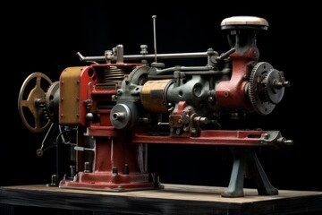 Obraz premium Complex vintage machinery with exposed gears and mechanisms, showcasing industrial heritage against a dark backdrop