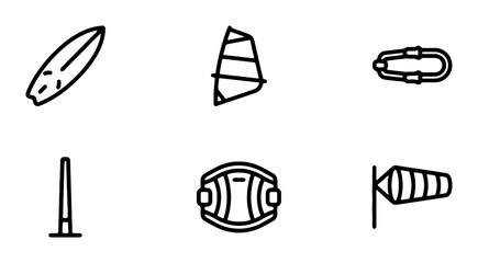 Windsurfing Equipment Icons, Water Sports Gear Vector Set, Nautical Activity Symbols © Tahmid