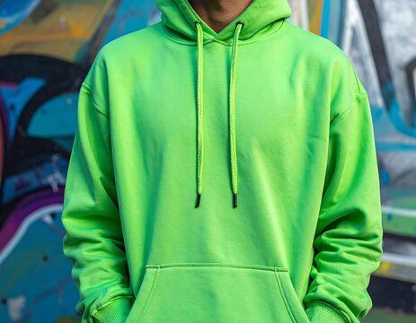 A person wearing a bright green hoodie stands before graffiti