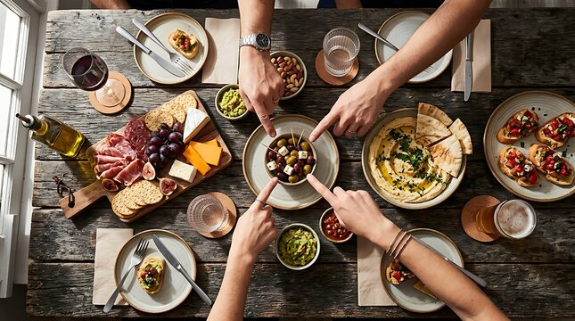 Friends Sharing Mediterranean Appetizers at Rustic Wooden Table