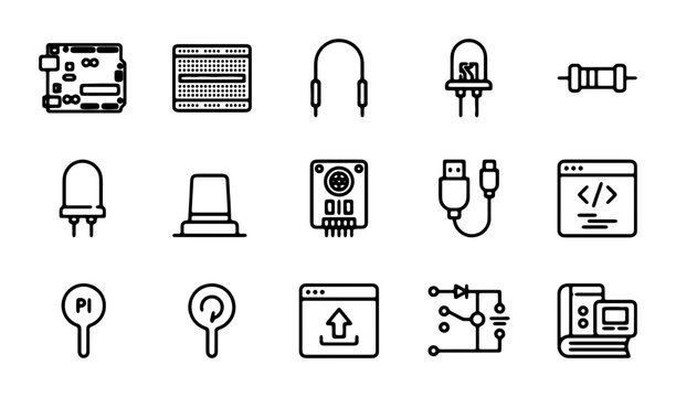 Electronics Icons Set: Circuit Board, Resistor, LED, USB, Code, Raspberry Pi, Technology Components