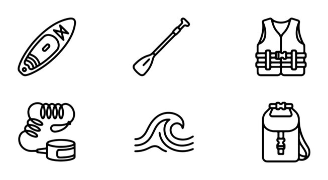 Stand Up Paddleboard Gear Icons, Water Sports Equipment Set, Paddleboard Accessories Collection