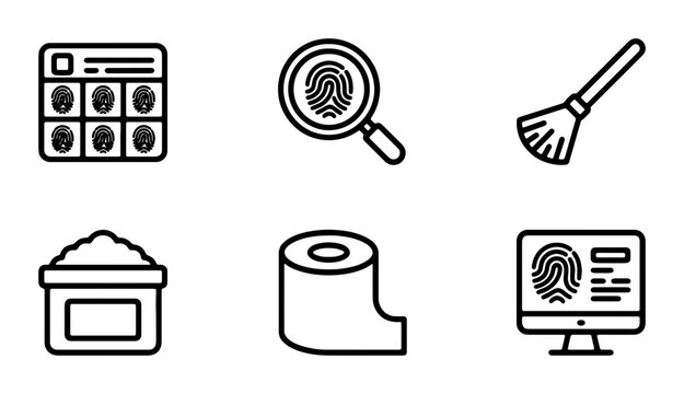 Forensic Investigation Icons: Fingerprint, Magnifier, Brush, Powder, Paper, Computer Analysis