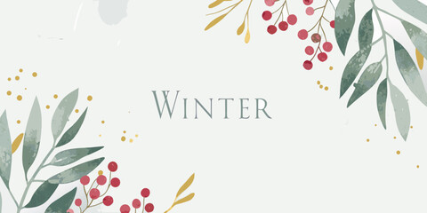 watercolor winter foliage and berries with text pale blue and gold tones © Nikhil