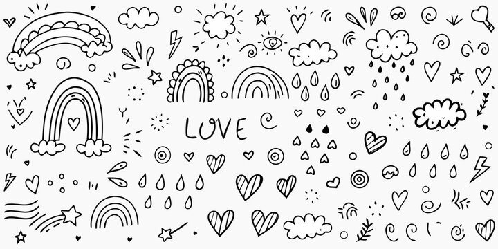 hand drawn doodle pattern with rainbows hearts clouds and stars on a white background