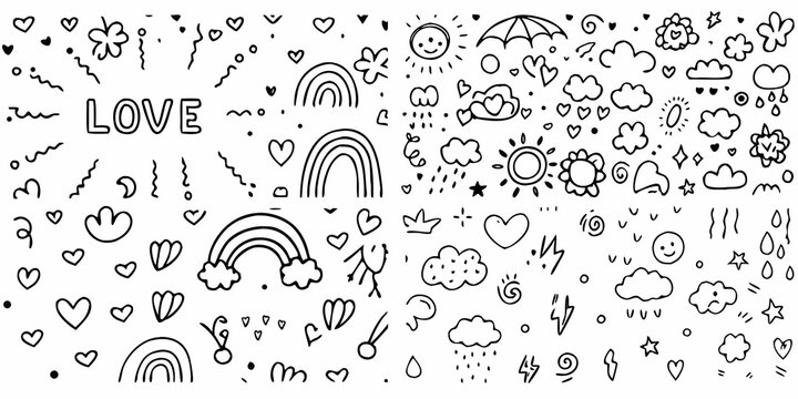 hand drawn doodle pattern with rainbows hearts clouds and suns in black ink