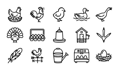 Farm Animal Icons Set, Poultry Vector Graphics, Chicken Coop & Egg Illustrations © Rakibul