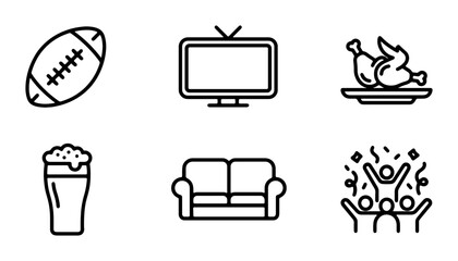 Football Game Day Icons: Beer, Turkey, TV, Couch, Fans, Vector Set © Rakibul