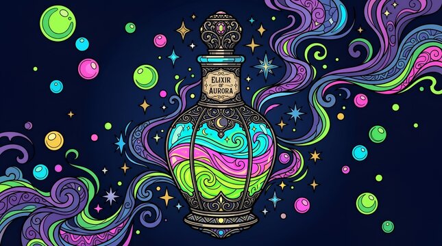 Magic Potion Bottle and Smoke Flat Vector Illustration