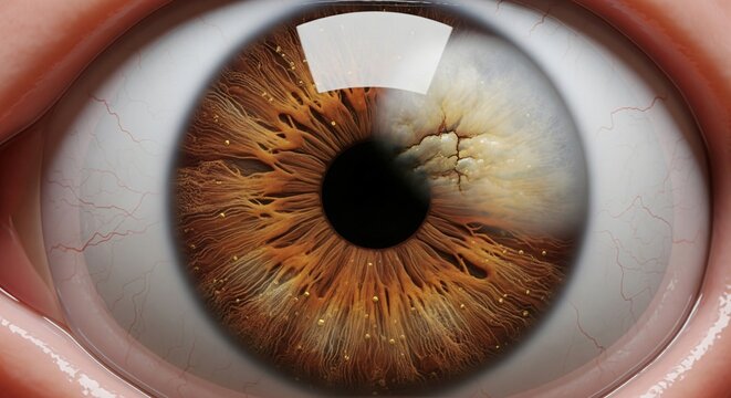 Extreme close up of a human iris with intricate brown patterns and golden flecks