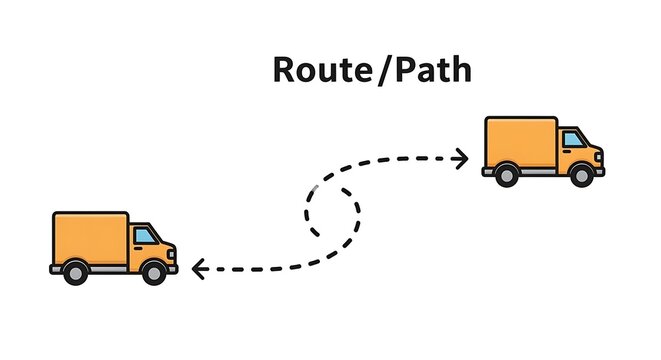 Two orange trucks with dashed line route between them on white background