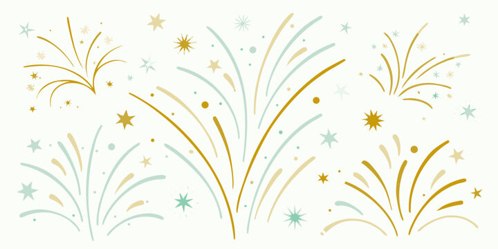 watercolor firework pattern with gold and teal stars on a cream background