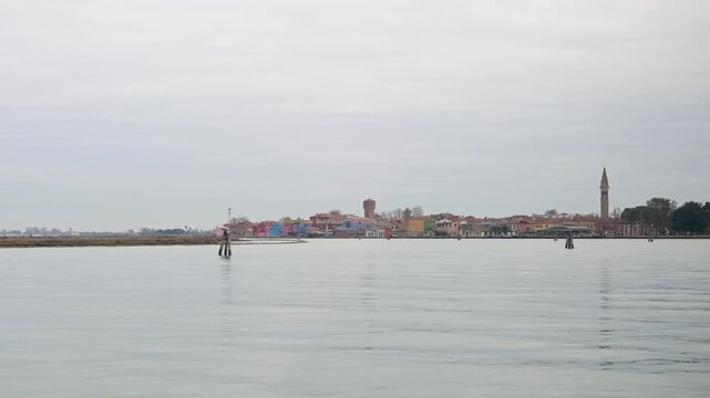 Burano Bell Tower and Colorful Island Panorama Seen from Venice Lagoon