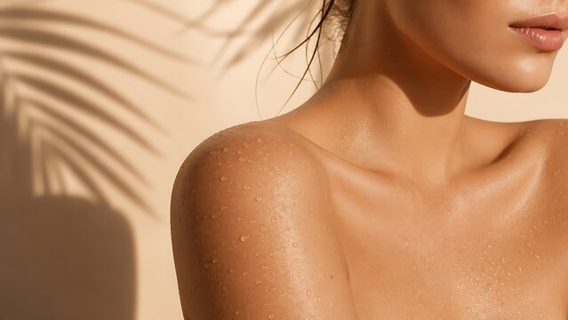 Closeup of a womans shoulder and neck with water droplets on glowing tanned skin, palm leaf shadow on beige background