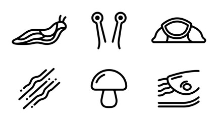 Simple Outline Icons: Slug, Mushroom, Crab, Antennas, Ripples, Fish © Rashed